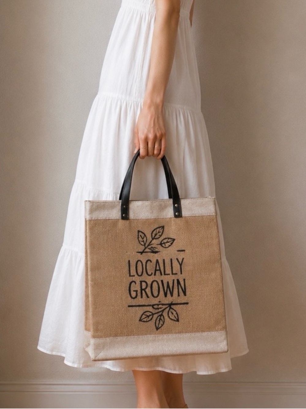Rustic Locally Grown Jute Tote w/ Real Leather Handles